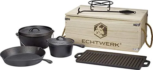 Echtwerk Dutch-Oven-Set 7-teilig, Schwarz - Kocher-Zubehör für Grillfreunde, ideal zum Kochen und Braten über offenem Feuer mit hervorragenden Gareigenschaften.