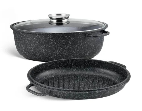 Edenberg Bräter Aluguss Bräter 8L Alugussbräter Pfanne, zwei in eins, Gänsepfanne Ente, Aluminium, Edelstahl, Keramik (3-tlg)
