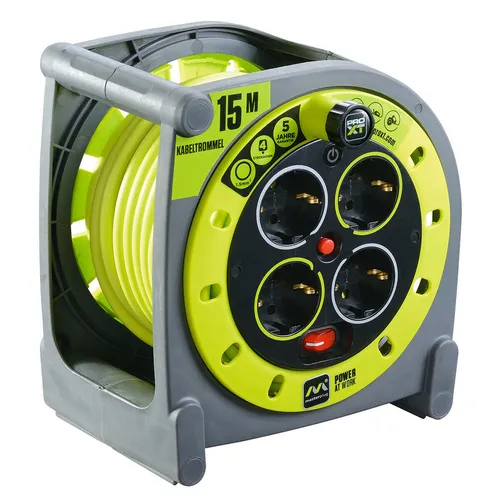 Masterplug Pro-XT Kabeltrommel 15m mit 4 Steckdosen - Kabeltrommel für drinnen mit IP20 Schutz, ausgestattet mit Ein-/Ausschalter und platzsparendem Design – ideal für alle Ihre Strombedürfnisse.