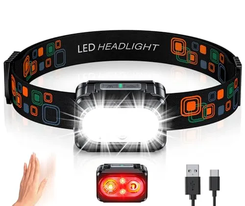 ISEYOU Stirnlampe LED Wiederaufladbar, Superhell Kopflampe mit Rotlicht & 5 Lichtmodi, Gestensensor & IPX4 Wasserdichte, USB C Aufladbar Leichte Headlamp für Joggen, Angeln, Camping