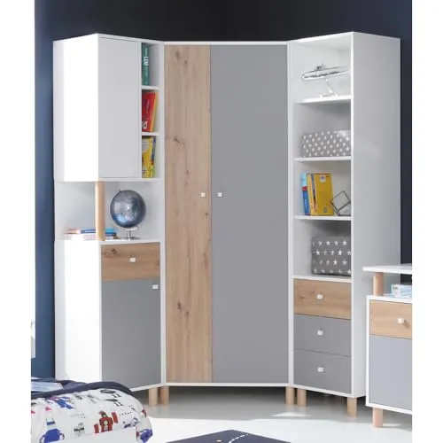 Lomadox Jugendzimmer Set 3-teilig mit 2 Regalschränke, 1 Eckkleiderschrank in weiß mit Eiche und grau