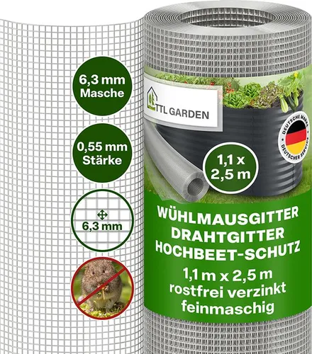 TTL GARDEN Wühlmausgitter 2,5x1,1m – verzinkt 6,3mm Masche Draht 0,55mm