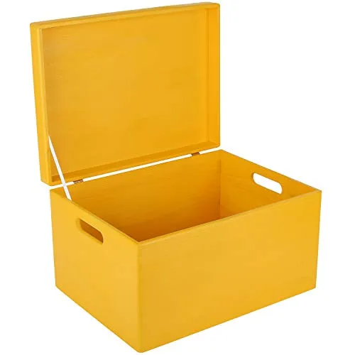 Creative Deco XXL Gelb Holzkiste mit Deckel – 40x30x24 cm - Vielseitige Holztruhe für die Aufbewahrung von Erinnerungen, Spielzeugen und Dokumenten. Hergestellt aus hochwertigem Kiefernholz, ideal für kreative DIY-Projekte.