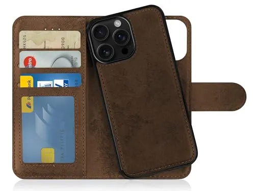 MyGadget Flip Case für iPhone 16 Pro - [ abnehmbare Magnet Hülle ] - Handyhülle aus Kunstleder - [ Klapphülle mit Kartenfach ] Schutzhülle in Braun
