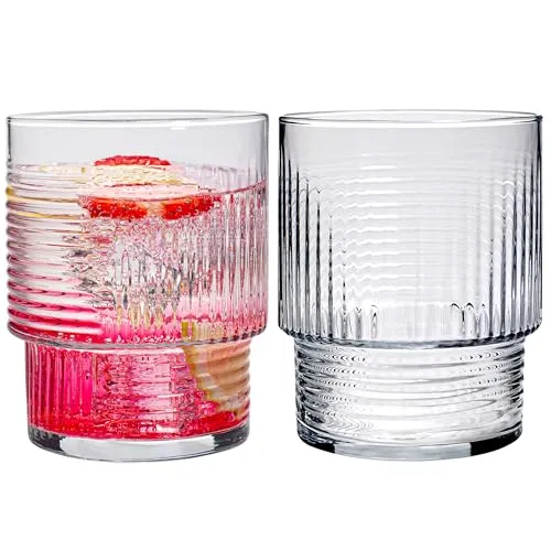 KONZEPT Geriffelte Gläser Set 12-teilig, 320ml transparente Trinkgläser Set, Ideal für Eiskaffee, Cocktails, Säfte, Spülmaschinenfest