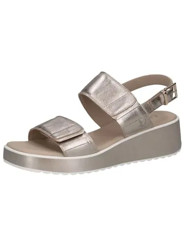 CAPRICE Damen Sandalen mit Keilabsatz aus Leder Wedges - Beige (Taupe Metallic) - Wanderschuhe mit innovativem MemorySchaumstoff-Fußbett für ergonomischen Komfort und Gelenkschutz. Hochwertiges Leder sorgt für Langlebigkeit und Stil.
