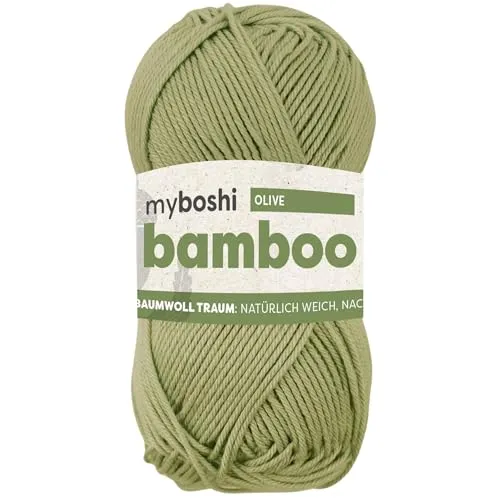 myboshi Bamboo, natürlich weiches Bambus-Baumwollgarn, zum Häkeln und Stricken, strapazierfähig, 50g, 125m, Grün (Olive), 1 Knäuel