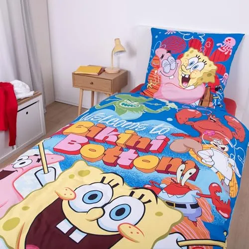 Familando Kinderbettwäsche Spongebob Set 2-teilig - Bettwäsche-Set für Spongebob-Fans: 135x200 cm Bettdecke und 80x80 cm Kissen aus hautfreundlicher Mikrofaser, waschbar und mit praktischem Reißverschluss – für ein abenteuerliches Kinderzimmer!