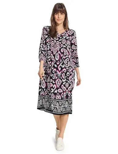 CECIL Damen B144025 Tunika Kleid mit Print, Black, S - Freizeitkleider für Damen, elegantes Midikleid mit geschlitztem Ausschnitt und 3/4-Ärmeln, gefertigt aus softer Viskose mit einem stilvollen Printmix am Saum.