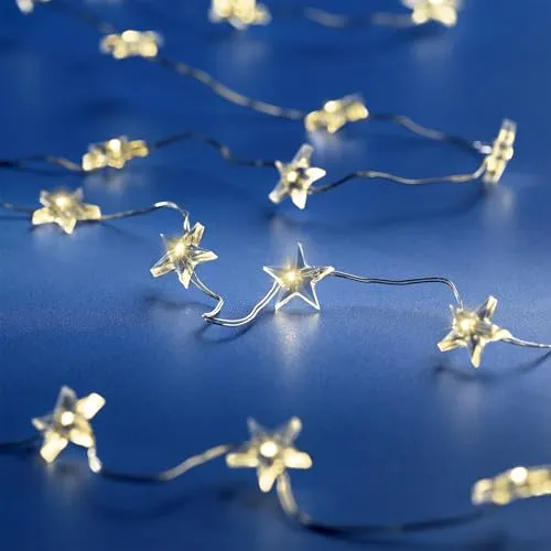 Spetebo LED Draht Sternen Lichterkette warm weiß - 295 cm / 60 LED - Deko Beleuchtung mit Timer - Advent Weihnachts Beleuchtung Batterie betrieben
