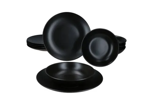 MamboCat Tafelservice 12tlg Panther für 6 Personen - Elegantes 12-teiliges Tafelservice aus robustem Steingut in mattem Schwarz, ideal für stilvolle Mahlzeiten und besondere Anlässe. Spülmaschinen- und mikrowellengeeignet.