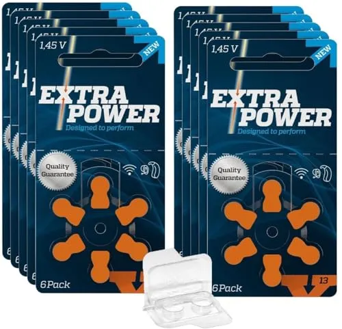 60x Extra Power Gr. 13-6er Blister Hörgerätebatterien PR48 Orange 24606 + Aufbewahrungsbox