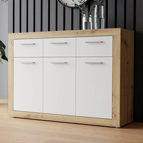 FORTE Kommode BACCIO, Artisan Eiche Dekor - Elegante Kommode mit 3 Türen und 3 Schubladen, variabel einsetzbaren Einlegeböden und mattweißer Oberfläche, ideal für stilvolle Aufbewahrung im Wohnzimmer oder Flur.