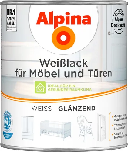 Alpina Weißlack für Möbel und Türen 750ml glänzend - Lacke: 2in1 Grundierung und Lack mit hoher Deckkraft, kratzfest und ideal für ein gesundes Raumklima. Ausgezeichnet mit dem Blauen Engel, für ca. 10m².