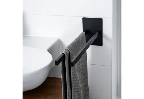 ELMOWO Edelstahl Handtuchhalter ohne Bohren - Doppelte Handtuchstange in Schwarz - Handtuchhalter für 2 Handtücher, einfache Montage ohne Bohren, elegantes Design und hervorragende Wasserbeständigkeit für Ihr Badezimmer.