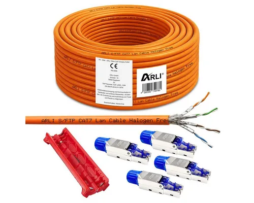ARLI 100m Netzwerkkabel Cat7 mit 4x RJ45 Cat8.1 Stecker - Ethernetkabel Cat7, 100 m lang, halogenfrei und geschirmt, perfekt für hohe Datenübertragungsraten und einfache Montage dank werkzeugfreier Stecker.