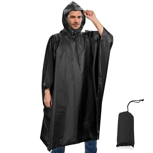 Sensong Regenponcho Wasserdicht Regencape mit Kapuze Multifunktionales Regenmantel Wiederverwendbar Regenkleidung Faltbare Ripstop Damen Herren für Wandern Camping Angeln Täglichen Gebrauch Schwarz