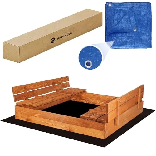 Sandkasten mit Abdeckung 150x150 cm – SPRINGOS Holz Sandkasten mit Sitzbänken und klappbarem Deckel - Großer 150x150 cm Sandkasten aus FSC-zertifiziertem Holz mit Sitzbänken und klappbarem Deckel für optimalen Wetterschutz. Inklusive Schutzplane und Vlies für sauberen Sand – ideal für den Garten!