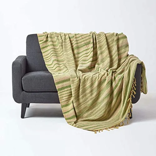 Homescapes Chenille-Tagesdecke, grün/olivgrün - Wohndecke 220 x 240 cm aus 100% Baumwolle, handgewebt und flauschig weich. Ideal als stylischer Überwurf für Sofa oder Bett, schafft eine gemütliche Atmosphäre.