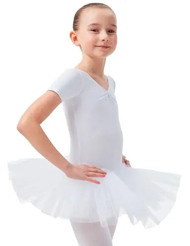 tanzmuster ® Ballettkleid Mädchen Tutu - Nele- aus weichem Baumwollstoff mit Glitzersteinen fürs Kinder Ballett Ballettbody Ballett Trikot, Weiß 128-134