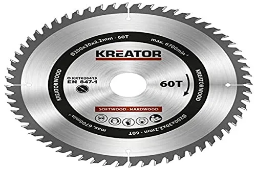 KREATOR KRT020419 Hartmetall Kreissägeblatt für Holz Ø200mm Bohrung 30mm Dicke 2,2mm Zähne 60 Holzsägeblatt mit 3 Reduzierringen
