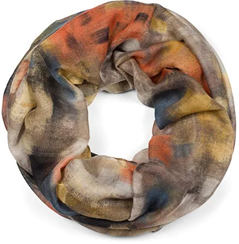 styleBREAKER Damen Loop Schal mit abstraktem Pinselstrich Muster, Schlauchschal mehrfarbig bunt, Tuch 01017130, Farbe:Orange-Beige-Braun