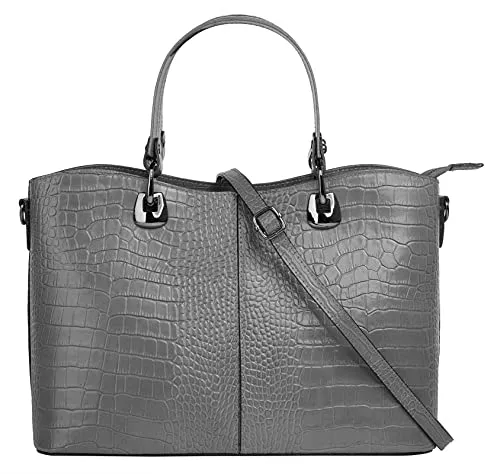 Henkeltasche CLUTY - Elegante Damenhandtasche aus echtem Leder - Handtaschen in grau mit Reptilienprägung, Made in Italy. Das zweigeteilte Hauptfach sorgt für Ordnung, während Bodennägel das Leder schützen. Ideal für stilbewusste Frauen!