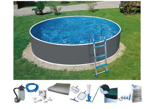 KONIFERA Rundpool VEGAS 4, 10-tlg. Set in verschiedenen Größen mit umfangreichem Zubehör - Rundes Aufstellbecken aus robustem Stahl mit 18.000 l Füllmenge. Inklusive Sandfilteranlage und Sicherheitsleiter für unbeschwerten Badespaß im eigenen Garten.