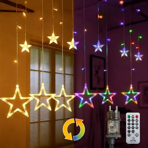 LED Lichterkette Lichtervorhang 2.5M 12 Sterne 138 LEDs Sternenvorhang Strom mit Merkfunktion, Timer, Fernbedienung 8 Modi Für Innen Außen, Weihnachten, Party, Hochzeit, Garten, (Farbwechsel)