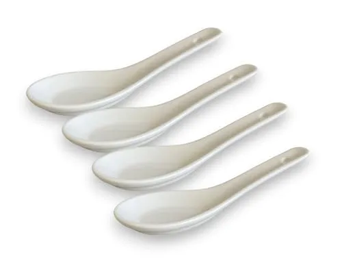 White and black Series ASIATICA | Porzellan-Löffel-Set Asien | 13 cm - Reis-Löffel - Suppen-Löffel, Servier-Löffel, Dessert-Löffel - Spoon-Set Ramen (4er Set weiß)