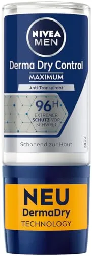 NIVEA MEN Derma Dry Control Maximum Deo Roll-on (50 ml), Deodorant gegen starkes Schwitzen, hautschonendes Antitranspirant für 96h Schutz und ein geschmeidiges Hautgefühl