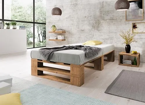 Lermowood Palettenbett M2 aus Holz 120 x 200 cm Eiche mit Lattenrost Holzbett 30cm Stabiles Seniorenbett Kinderbett Jugendbett Gästebett erhöhtes Einzelbett Bettgestell Futonbett Komforthöhe