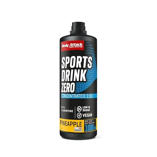 Body Attack Zero Sports Drink Pineapple 1000 ml / 200 Portionen - Made in Germany - Energy Drink Konzentrat - Veganer Sirup zuckerarm, fettarm - Für Softdrinks mit Vitaminen & Mineralstoffen