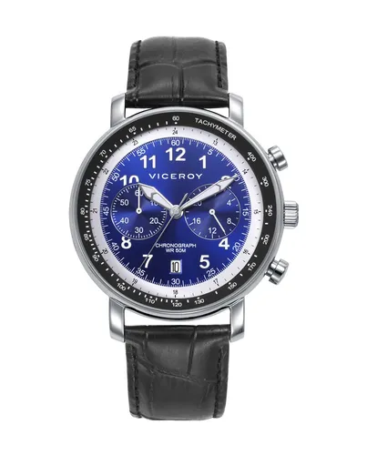 Uhr Herren Stahl Chronograph Blau Mit Band / Gurt Leder- Schwarz 41 MM – 5 Atm