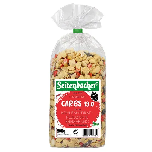Seitenbacher® Carbs 19 Erdbeere - Kohlenhydratreduziertes Müsli - Fitness-, Protein-, & Diätmüsli mit nur 19g Kohlenhydraten pro 100g, hoher Eiweiß- und Ballaststoffgehalt, ideal für eine gesunde Ernährung.