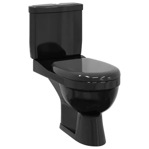 vidaXL Design Stand WC aus schwarzer Keramik - Moderne Toilette mit Doppelspülmechanismus (3/6 Liter) und Soft-Close-Sitzdeckel, ideal für stilvolle Badezimmer. Maße: 70 x 39 x 76 cm.