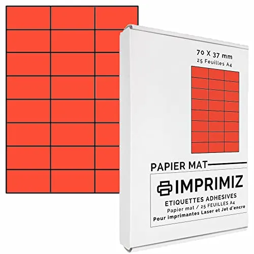Selbstklebende Etiketten rot Neon von 70 x 37 mm - 24 Etiketten/Blatt - 25 Blatt A4 / Papier matt - Farbe - Für Inkjet/Laser/Kopier Drucker - Etiketten farbig 600