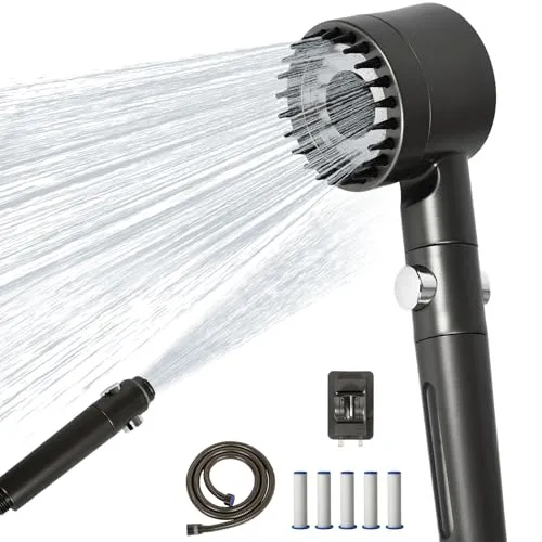 Produktbild Duschkopf mit Filter & 5 Kartuschen | Hochdruck Brausekopf mit 1,5m Schlauch & Halterung | Duschbrause mit Filter gegen Kalk und Chlor | Energiespar Duschkopf mit Stopp-Funktion(Grau)