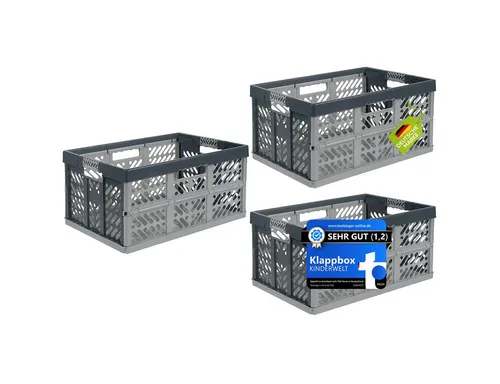 KiNDERWELT Klappbox 3 x Profi - TÜV zertifizierte Faltbox, 45 L, 50 kg, silber - Faltboxen, 3 x stabile Klappboxen mit Soft-Touch Griffen, ideal für Lebensmitteltransport und platzsparendes Verstauen. Lebensmittelecht, BPA-frei, leicht zu reinigen.