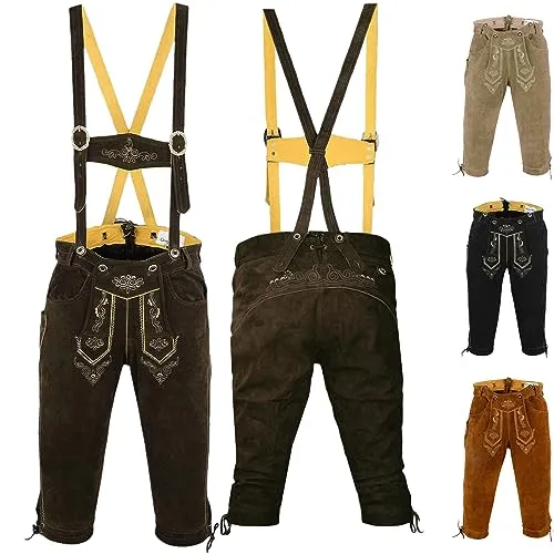 German Wear Trachten Lederhose Kniebundhose mit Hosenträger, Größe 54, Dunkelbraun - Trachtenlederhose für Herren mit erhabener Stickerei und weichstem Leder für höchsten Tragekomfort. Inklusive Hosenträger und praktischer Messertasche.