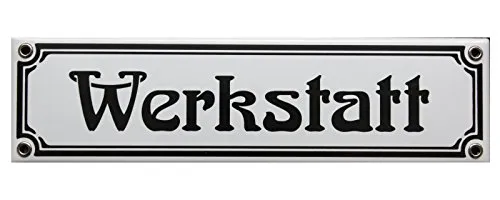Werkstatt Emaille Schild 8 x 30 cm Jugendstil Emailschild weiß.