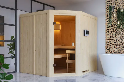 Karibu Sauna Kotka mit Eckeinstieg und Glastür von Karibu