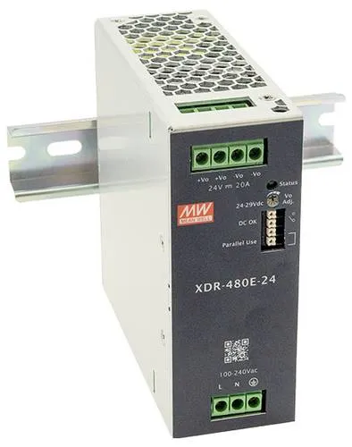 MW Mean Well XDR-480E-12 Hutschienen-Netzteil - DIN-Rail Netzteil 12V 30A 360W, ultraeffizient mit bis zu 96% Wirkungsgrad und lüfterlosem Design, ideal für industrielle Anwendungen.