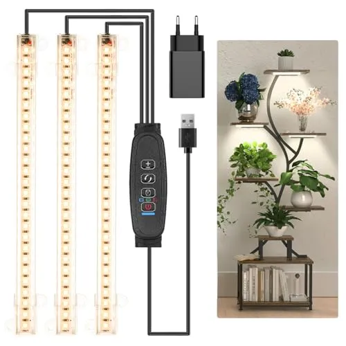 Czoumu Vollspektrum 3500K LED-Pflanzenwachstumsstreifen – 3 Köpfe, 22cm, 3/9/12h Timer, 10 Dimmstufen, ideal für Keimlinge, Sukkulenten, Pflanzenregale und Gewächshäuser, 1er-Pack