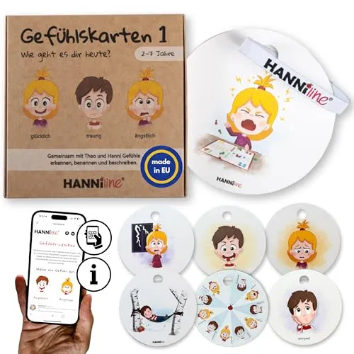 HANNIline® Gefühlskarten für Kinder [Made in EU] ab 2 Jahren Lernkarten 20 Motive 10 Gefühle + Online Material, pädagogisch wertvoll, Selbstregulation Kinder, emotionale Entwicklung, soziale Kompetenz