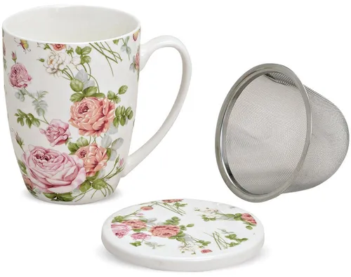 matches21 HOME & HOBBY Tasse Teetasse mit Deckel und Teesieb Blumen Rosen-Blüten, 1-tlg., Porzellan, Tee Kaffee-Becher Kaffeetasse, klassisch, weiss bunt, 300 ml