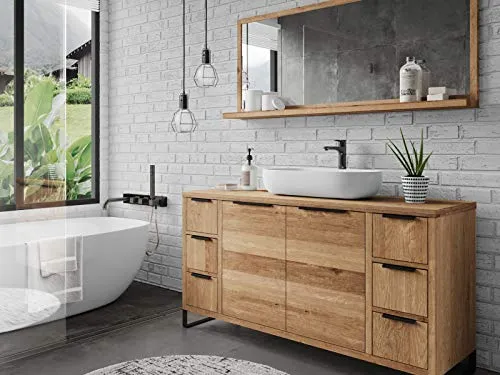 Woodkings Badset Sydney 2teilig - Komplettprogramm für Badezimmer mit Waschtisch (138x64x45cm) und Spiegel (138x60x16cm) aus massiver Wildeiche. Individuell anpassbar ohne vorgebohrte Löcher und viel Stauraum durch Schubladen und Türen.