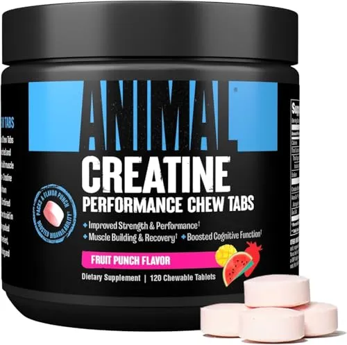 Universal Nutrition ANIMAL CREATINE CHEWS (Fruit Punch) - Aminosäure Kreatin: 5g Kreatin Monohydrat und Meersalz für optimale Muskelversorgung und verbesserte Trainingsleistung in praktischen Kautabletten.