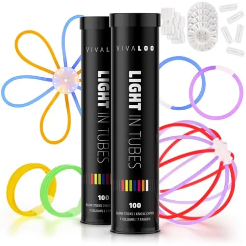 Vivaloo Knicklichter Party Set 200 Stück + Zubehör - Leuchtstäbe mit Verbinder für Leuchtarmbänder, Party Brillen, Bälle - Knicklichter Hochzeit