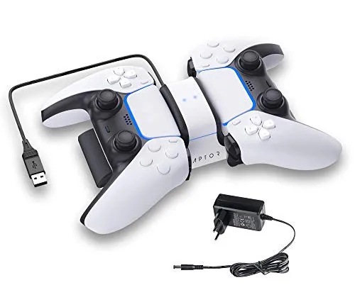 RAPTOR PS5 & PS4 Controller Ladestation mit LED-Anzeige - Praktische Ladestation für bis zu 2 PS5 und 2 PS4 Controller. Sicherer Stand, Stromversorgung über USB-Anschluss der PS5. Inklusive Netzteil für optimale Leistung, LED-Anzeige zeigt Ladezustand an.